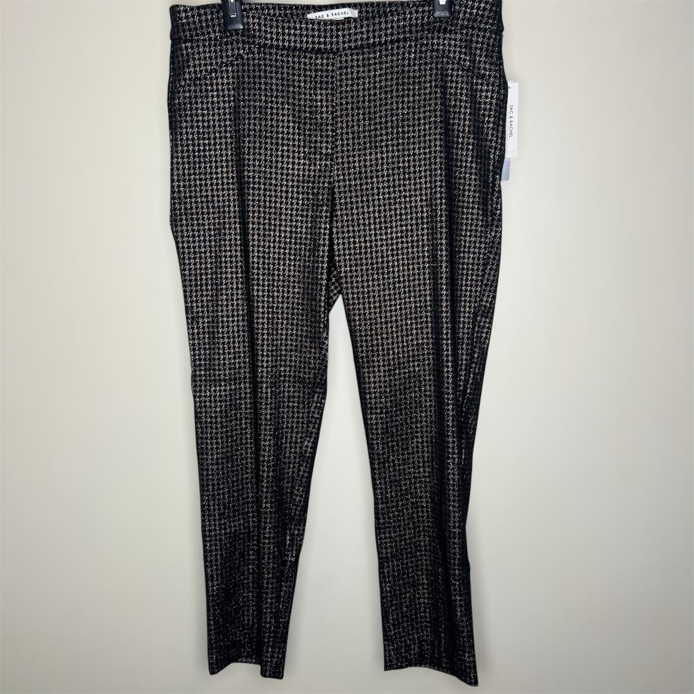 Zac & Rachel Slim Ankle Pants 12 Womens Black Metallic Houndstooth Pull On New